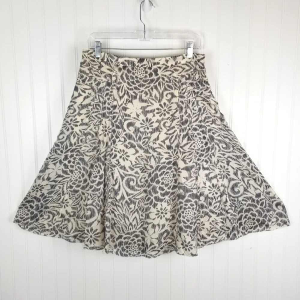 Sigrid Olsen Silk Midi Skirt Womens Size 6 A Line Floral Print Artsy Cream Gray